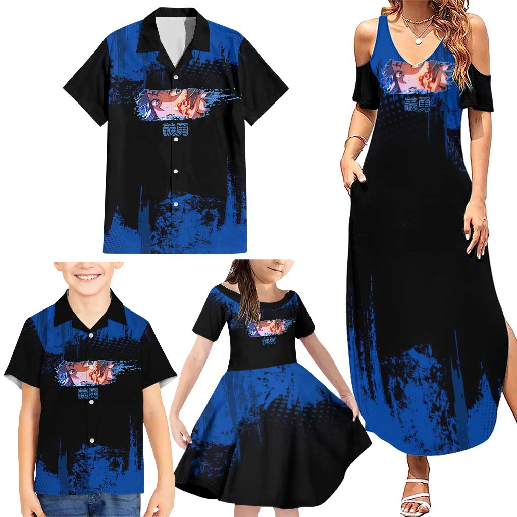 Giyu Tomioka Demon Slayer Blue Grunge Design Family Matching Summer Maxi Dress and Hawaiian Shirt with Intense Eyes and Sword Stance