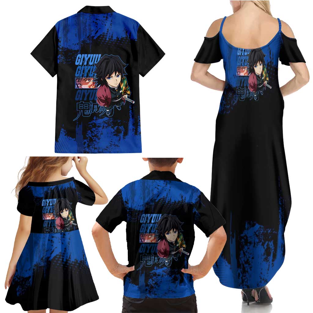 Giyu Tomioka Demon Slayer Blue Grunge Design Family Matching Summer Maxi Dress and Hawaiian Shirt with Intense Eyes and Sword Stance