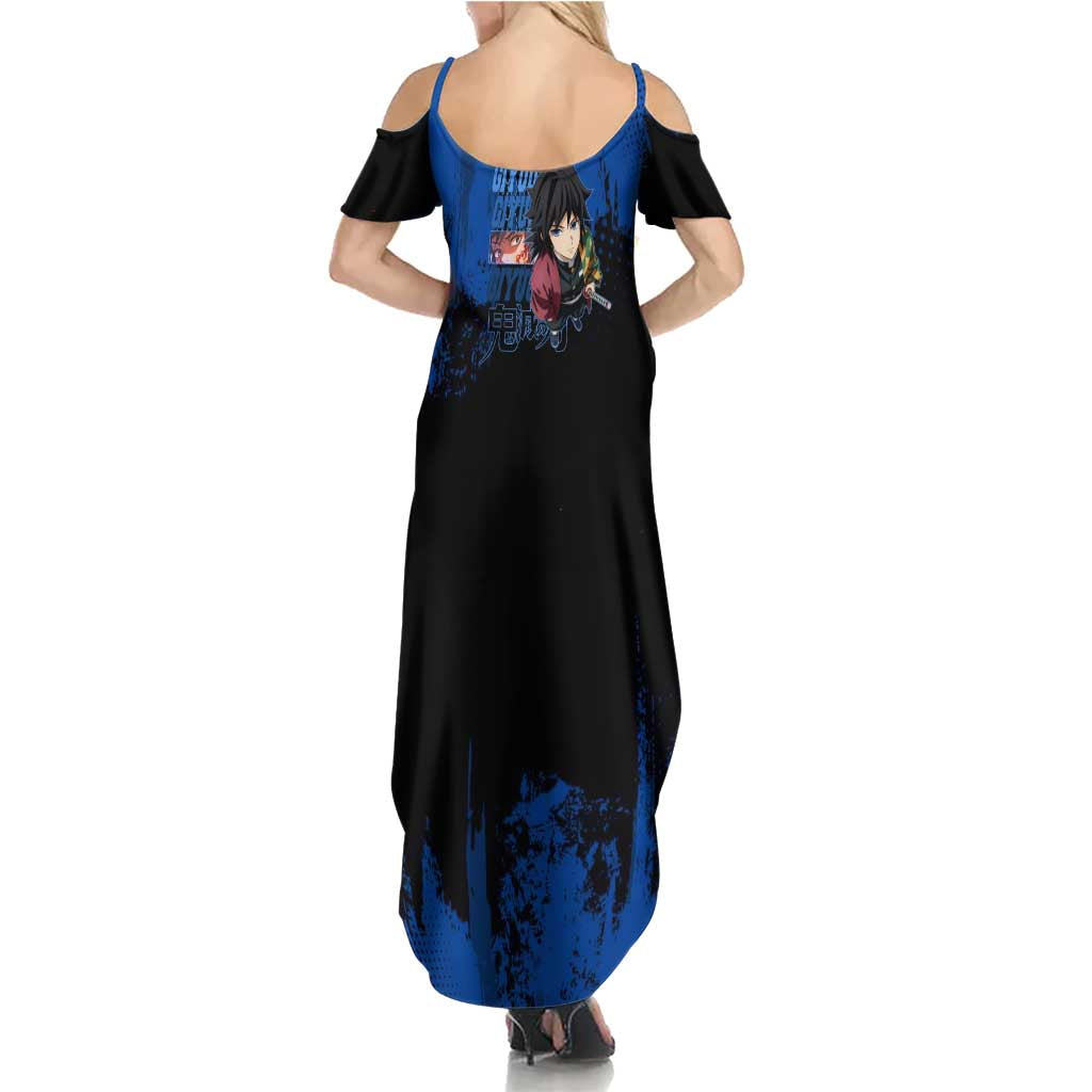 Giyu Tomioka Demon Slayer Blue Grunge Design Family Matching Summer Maxi Dress and Hawaiian Shirt with Intense Eyes and Sword Stance