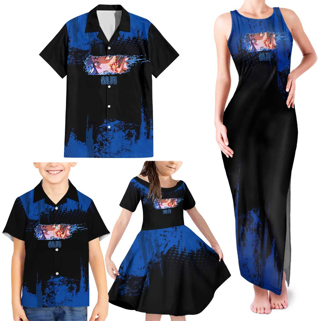 Giyu Tomioka Demon Slayer Blue Grunge Design Family Matching Tank Maxi Dress and Hawaiian Shirt with Intense Eyes and Sword Stance