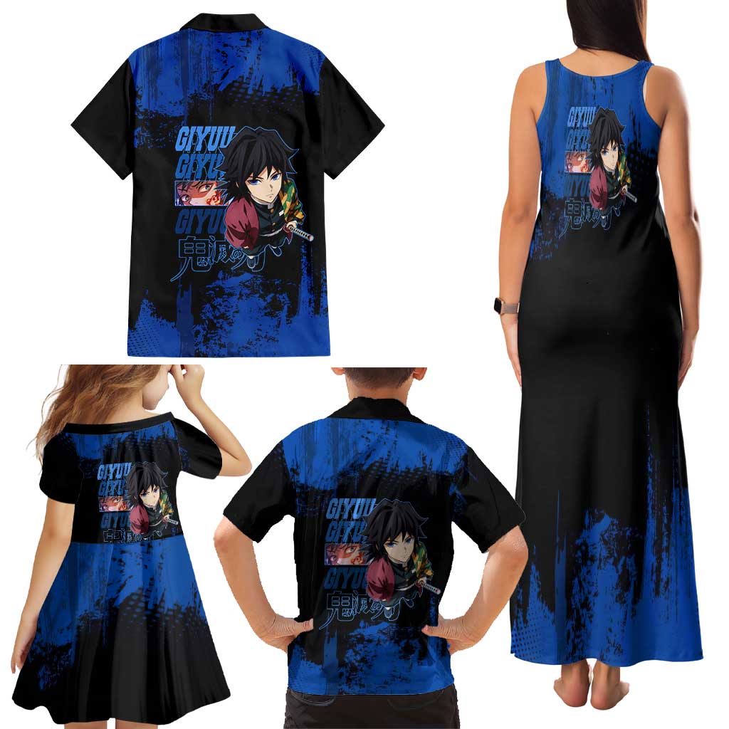 Giyu Tomioka Demon Slayer Blue Grunge Design Family Matching Tank Maxi Dress and Hawaiian Shirt with Intense Eyes and Sword Stance