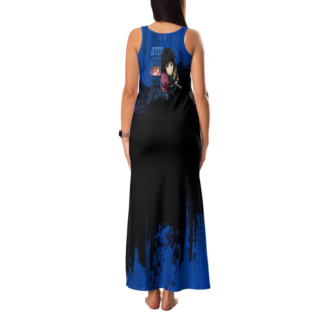 Giyu Tomioka Demon Slayer Blue Grunge Design Family Matching Tank Maxi Dress and Hawaiian Shirt with Intense Eyes and Sword Stance