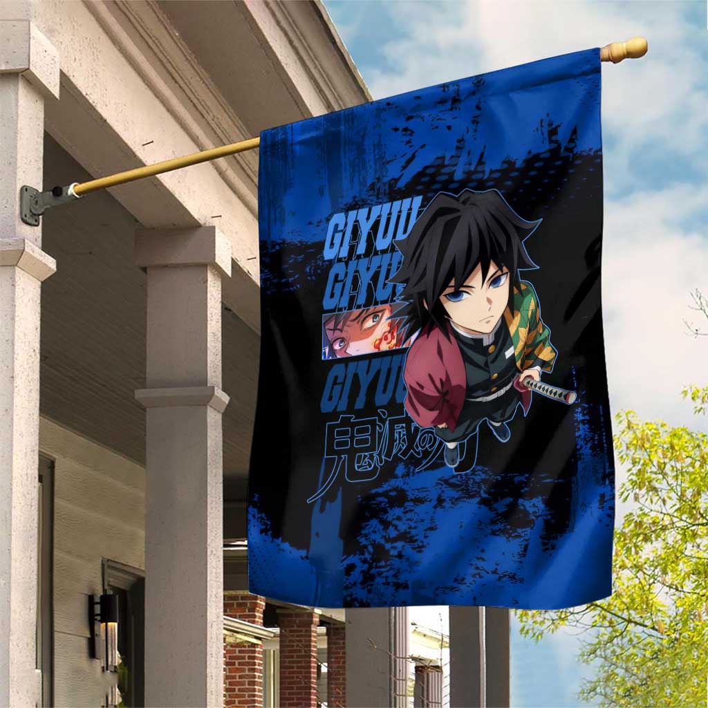 Giyu Tomioka Demon Slayer Blue Grunge Design Garden Flag with Intense Eyes and Sword Stance - The Mazicc