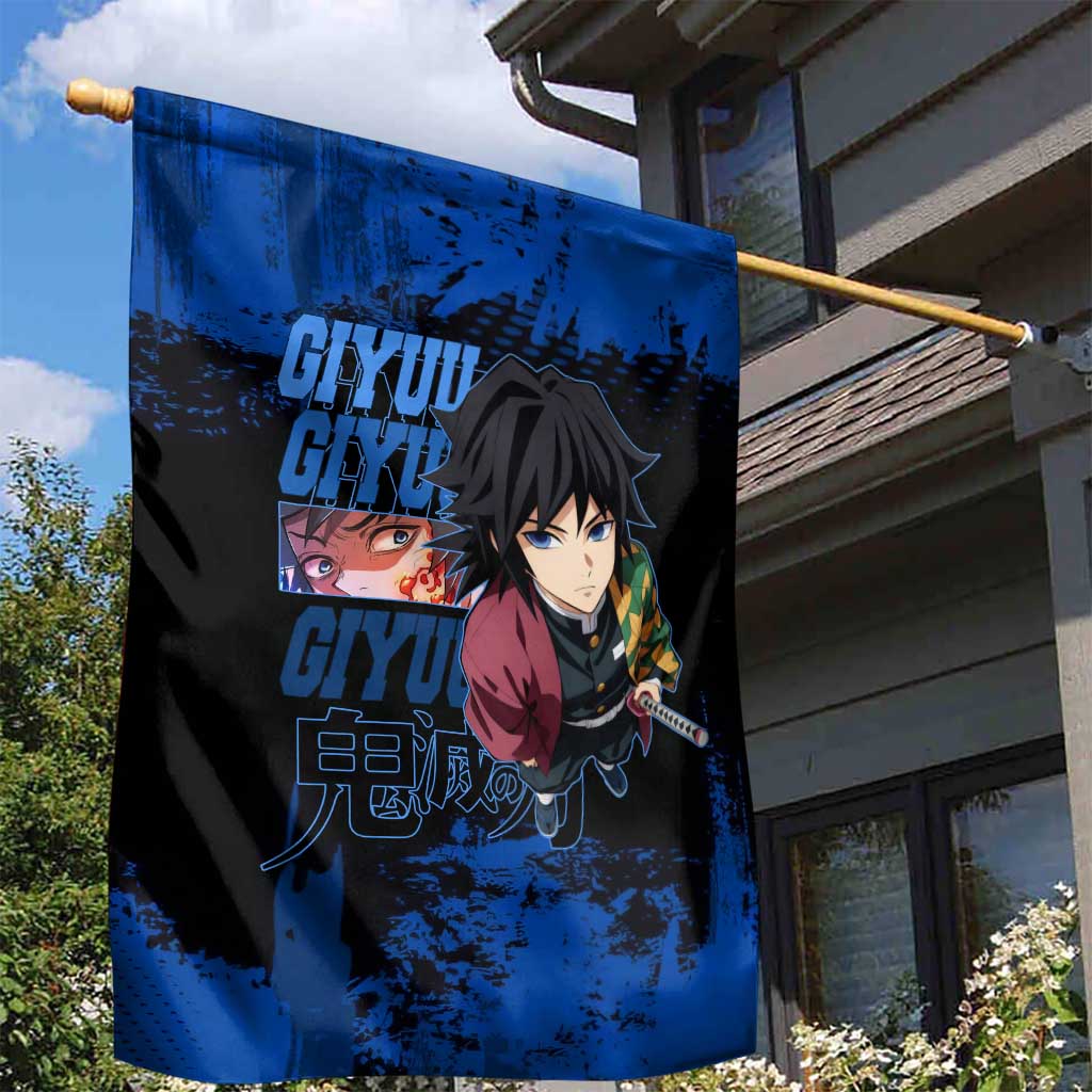 Giyu Tomioka Demon Slayer Blue Grunge Design Garden Flag with Intense Eyes and Sword Stance - The Mazicc