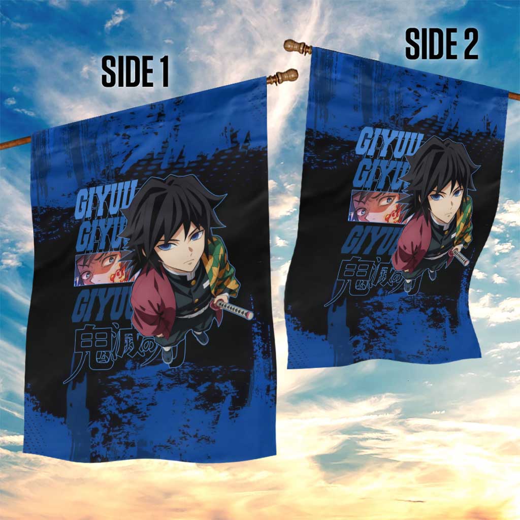 Giyu Tomioka Demon Slayer Blue Grunge Design Garden Flag with Intense Eyes and Sword Stance - The Mazicc