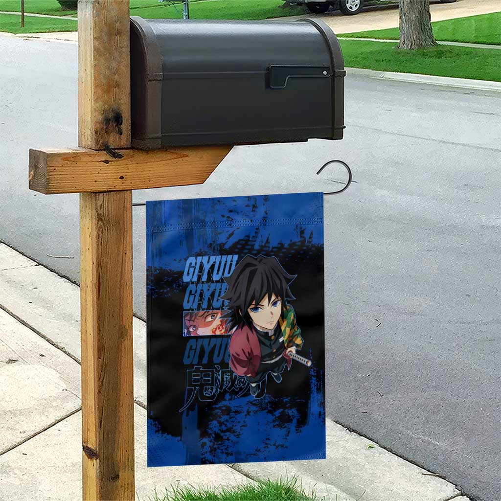 Giyu Tomioka Demon Slayer Blue Grunge Design Garden Flag with Intense Eyes and Sword Stance - The Mazicc
