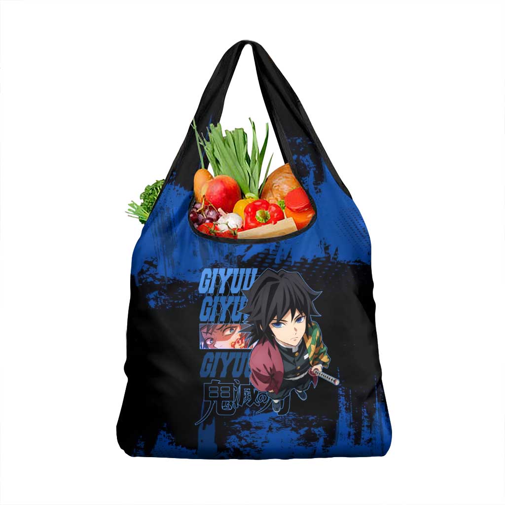 Giyu Tomioka Demon Slayer Blue Grunge Design Grocery Bag with Intense Eyes and Sword Stance - The Mazicc