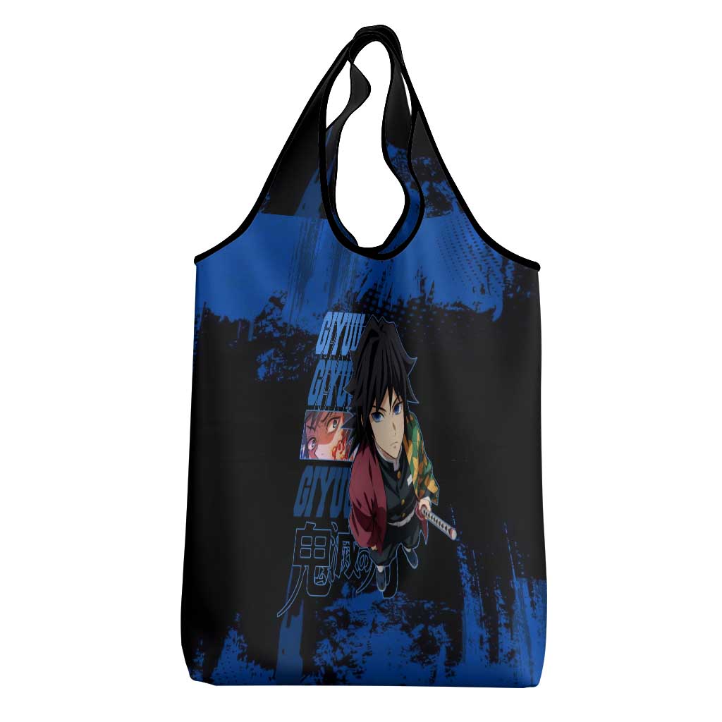 Giyu Tomioka Demon Slayer Blue Grunge Design Grocery Bag with Intense Eyes and Sword Stance - The Mazicc