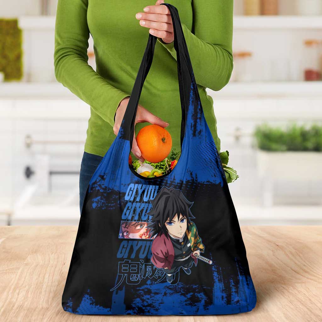 Giyu Tomioka Demon Slayer Blue Grunge Design Grocery Bag with Intense Eyes and Sword Stance - The Mazicc