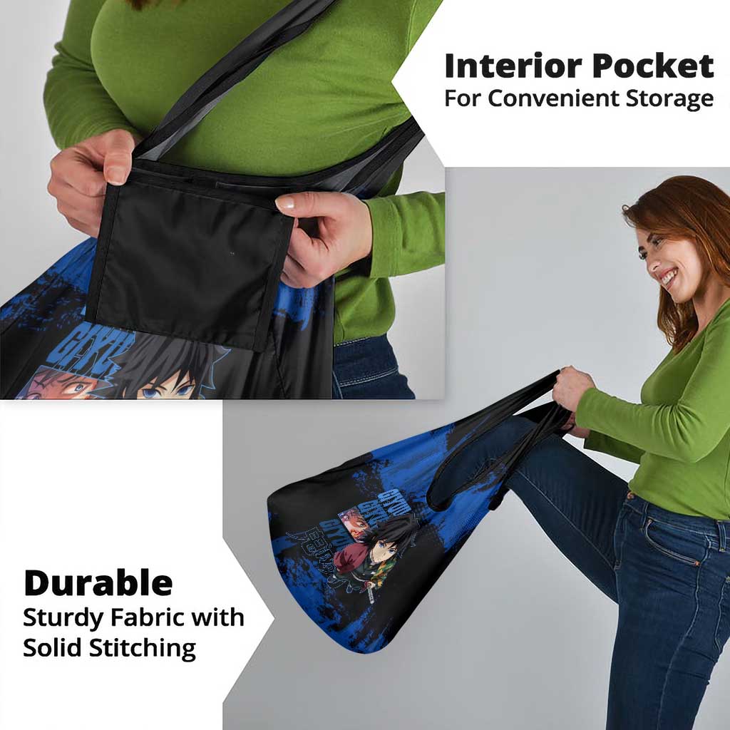 Giyu Tomioka Demon Slayer Blue Grunge Design Grocery Bag with Intense Eyes and Sword Stance - The Mazicc