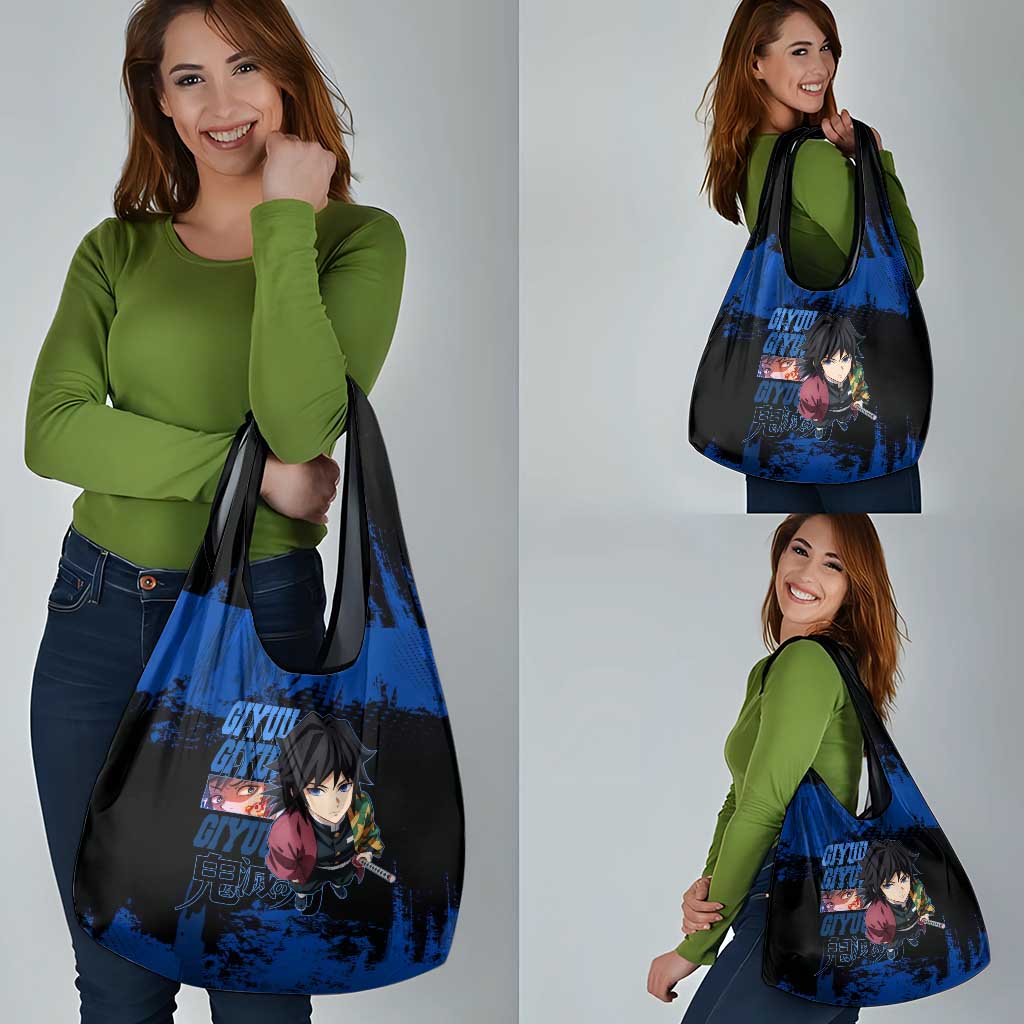 Giyu Tomioka Demon Slayer Blue Grunge Design Grocery Bag with Intense Eyes and Sword Stance - The Mazicc