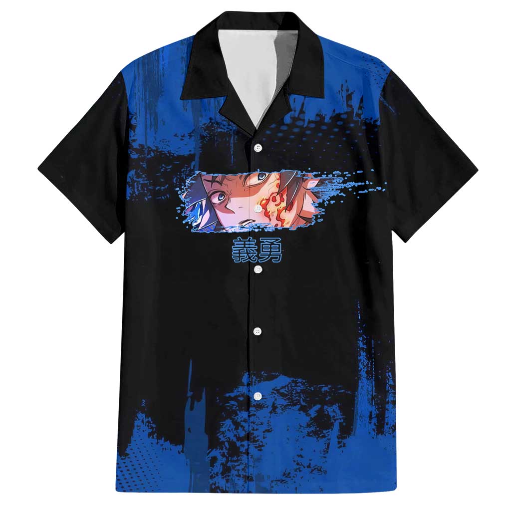 Giyu Tomioka Demon Slayer Blue Grunge Design Hawaiian Shirt with Intense Eyes and Sword Stance - The Mazicc