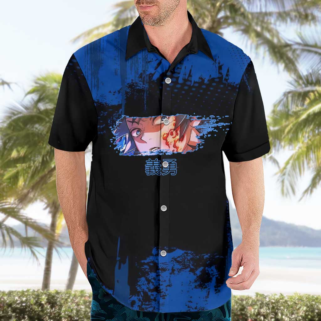 Giyu Tomioka Demon Slayer Blue Grunge Design Hawaiian Shirt with Intense Eyes and Sword Stance - The Mazicc