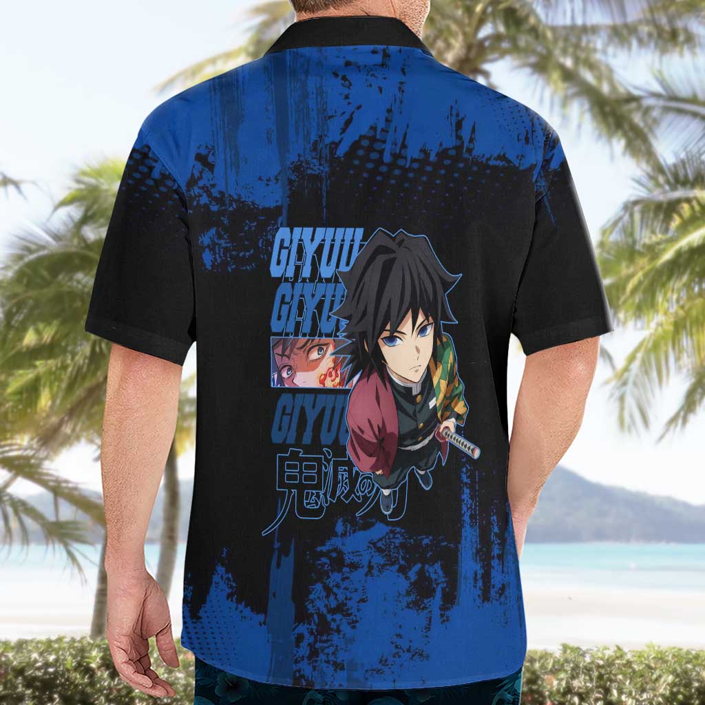 Giyu Tomioka Demon Slayer Blue Grunge Design Hawaiian Shirt with Intense Eyes and Sword Stance - The Mazicc