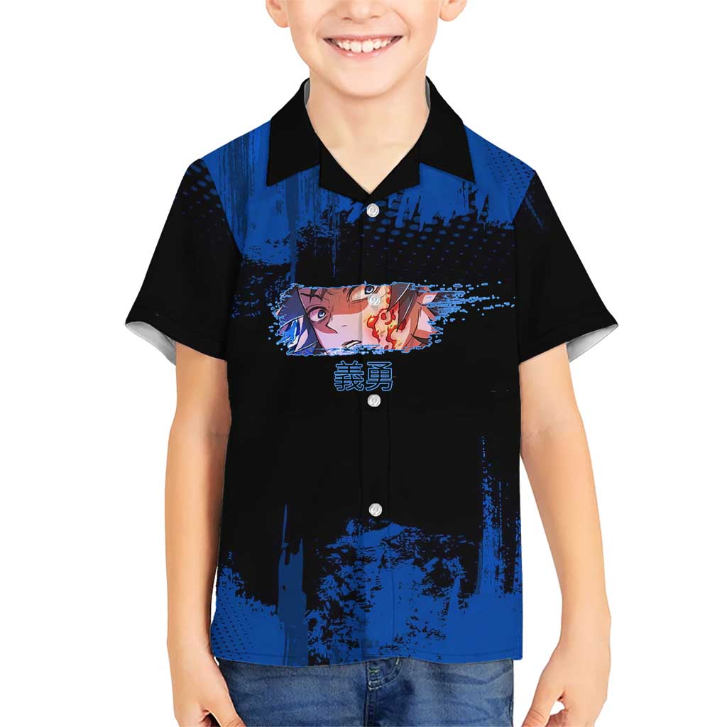 Giyu Tomioka Demon Slayer Blue Grunge Design Hawaiian Shirt with Intense Eyes and Sword Stance - The Mazicc
