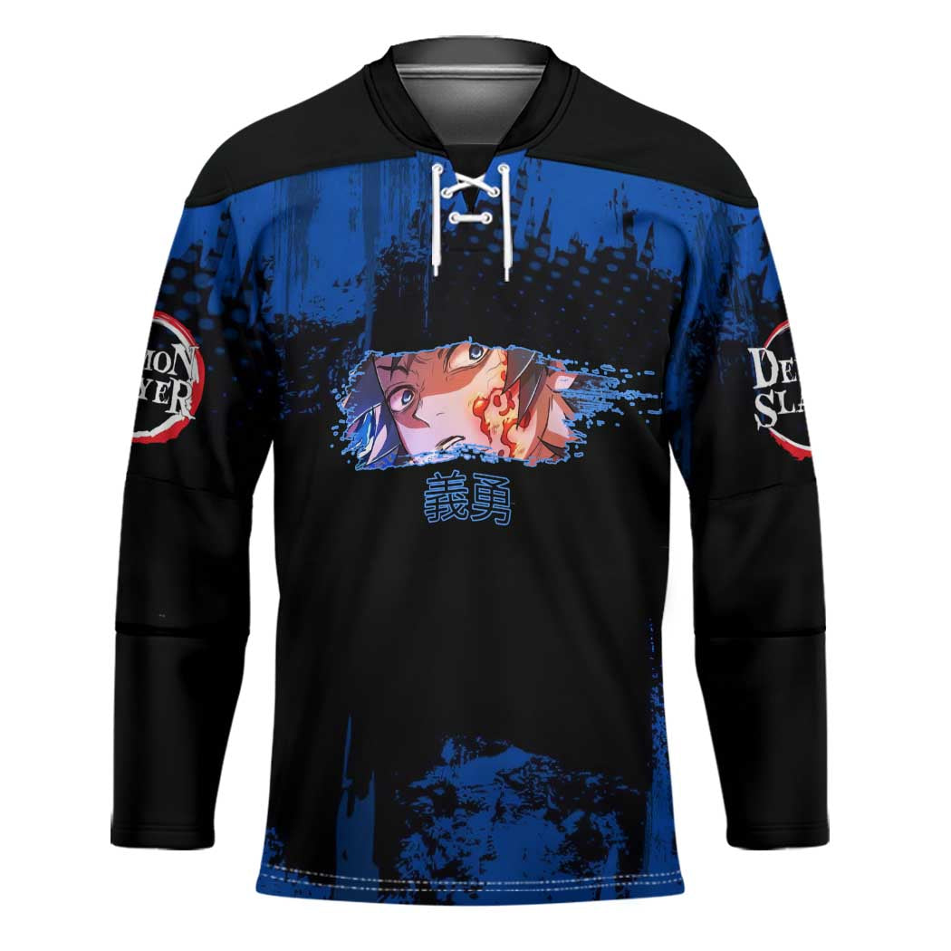 Giyu Tomioka Demon Slayer Blue Grunge Design Hockey Jersey with Intense Eyes and Sword Stance - The Mazicc