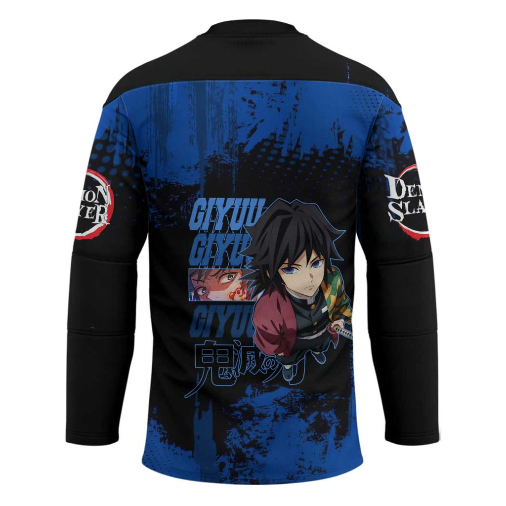 Giyu Tomioka Demon Slayer Blue Grunge Design Hockey Jersey with Intense Eyes and Sword Stance - The Mazicc
