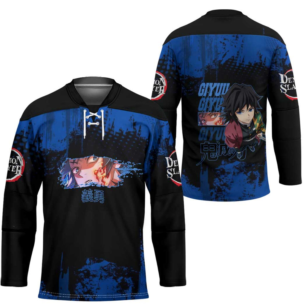 Giyu Tomioka Demon Slayer Blue Grunge Design Hockey Jersey with Intense Eyes and Sword Stance - The Mazicc