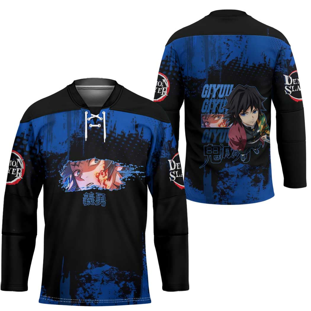 Giyu Tomioka Demon Slayer Blue Grunge Design Hockey Jersey with Intense Eyes and Sword Stance - The Mazicc