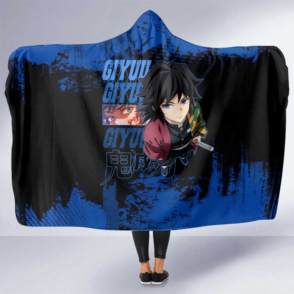 Giyu Tomioka Demon Slayer Blue Grunge Design Hooded Blanket with Intense Eyes and Sword Stance - The Mazicc