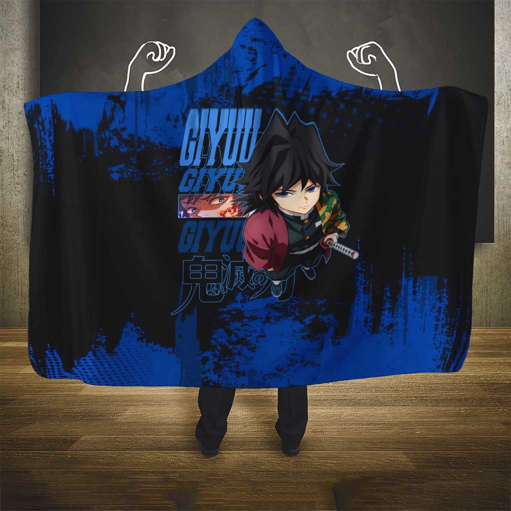 Giyu Tomioka Demon Slayer Blue Grunge Design Hooded Blanket with Intense Eyes and Sword Stance - The Mazicc