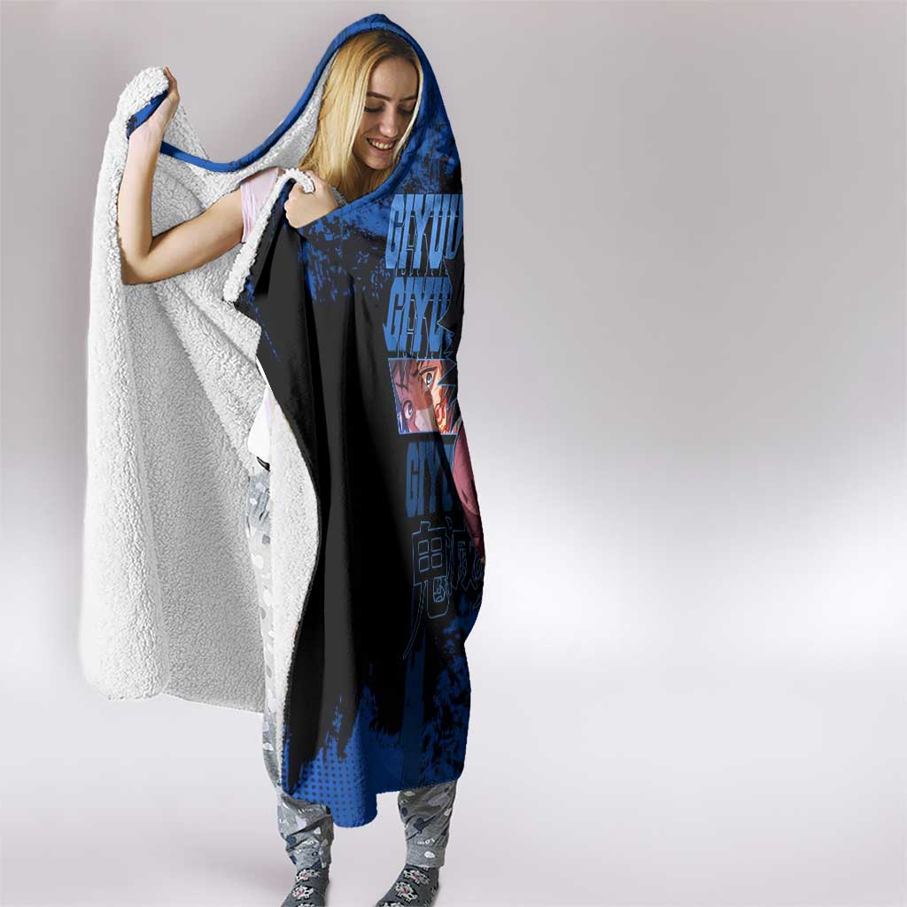 Giyu Tomioka Demon Slayer Blue Grunge Design Hooded Blanket with Intense Eyes and Sword Stance - The Mazicc