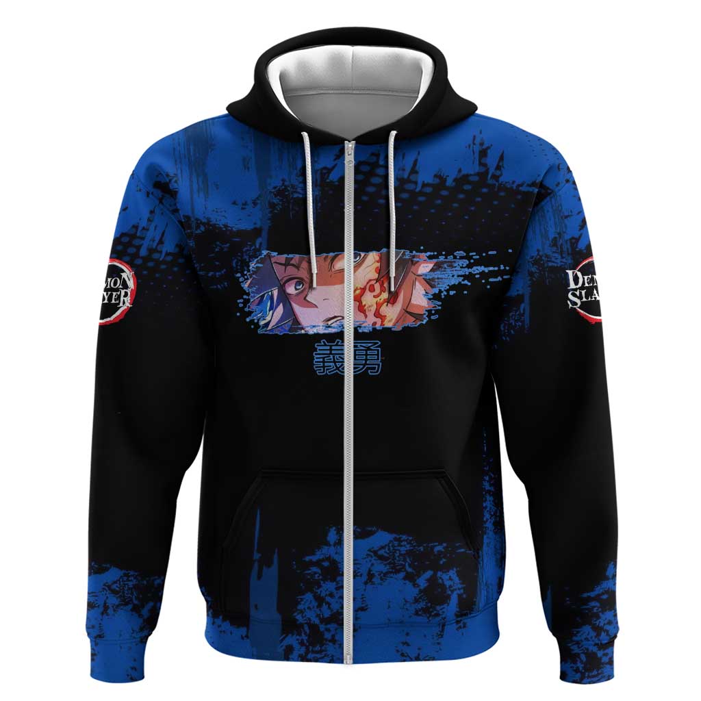 Giyu Tomioka Demon Slayer Blue Grunge Design Hoodie with Intense Eyes and Sword Stance - The Mazicc