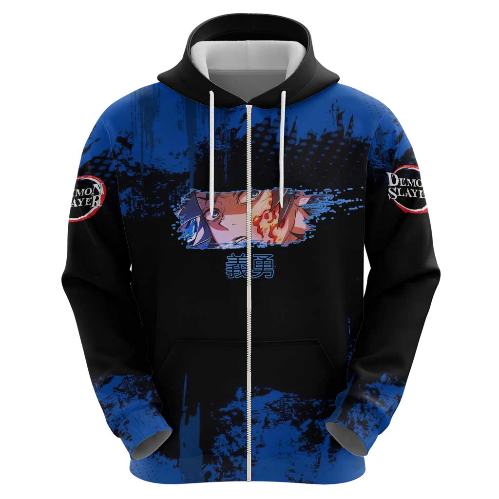 Giyu Tomioka Demon Slayer Blue Grunge Design Hoodie with Intense Eyes and Sword Stance - The Mazicc