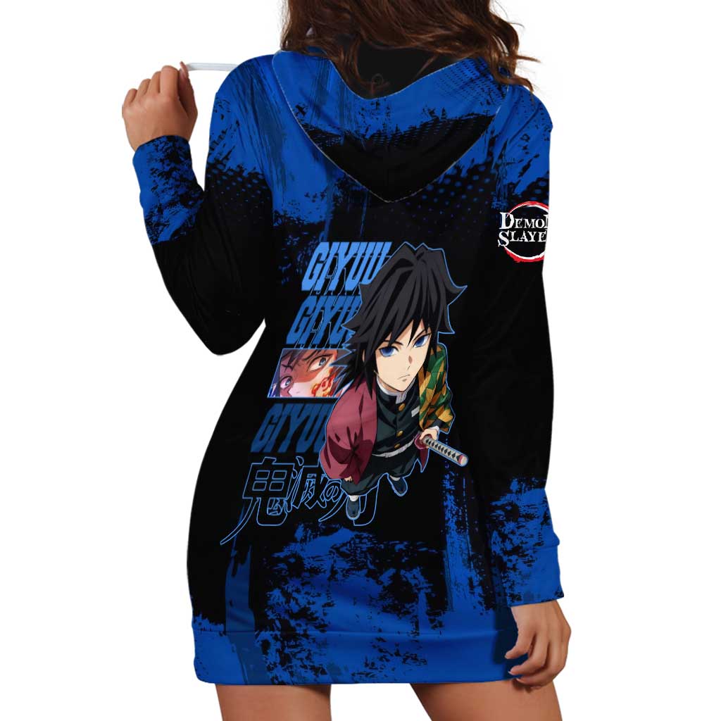 Giyu Tomioka Demon Slayer Blue Grunge Design Hoodie Dress with Intense Eyes and Sword Stance - The Mazicc