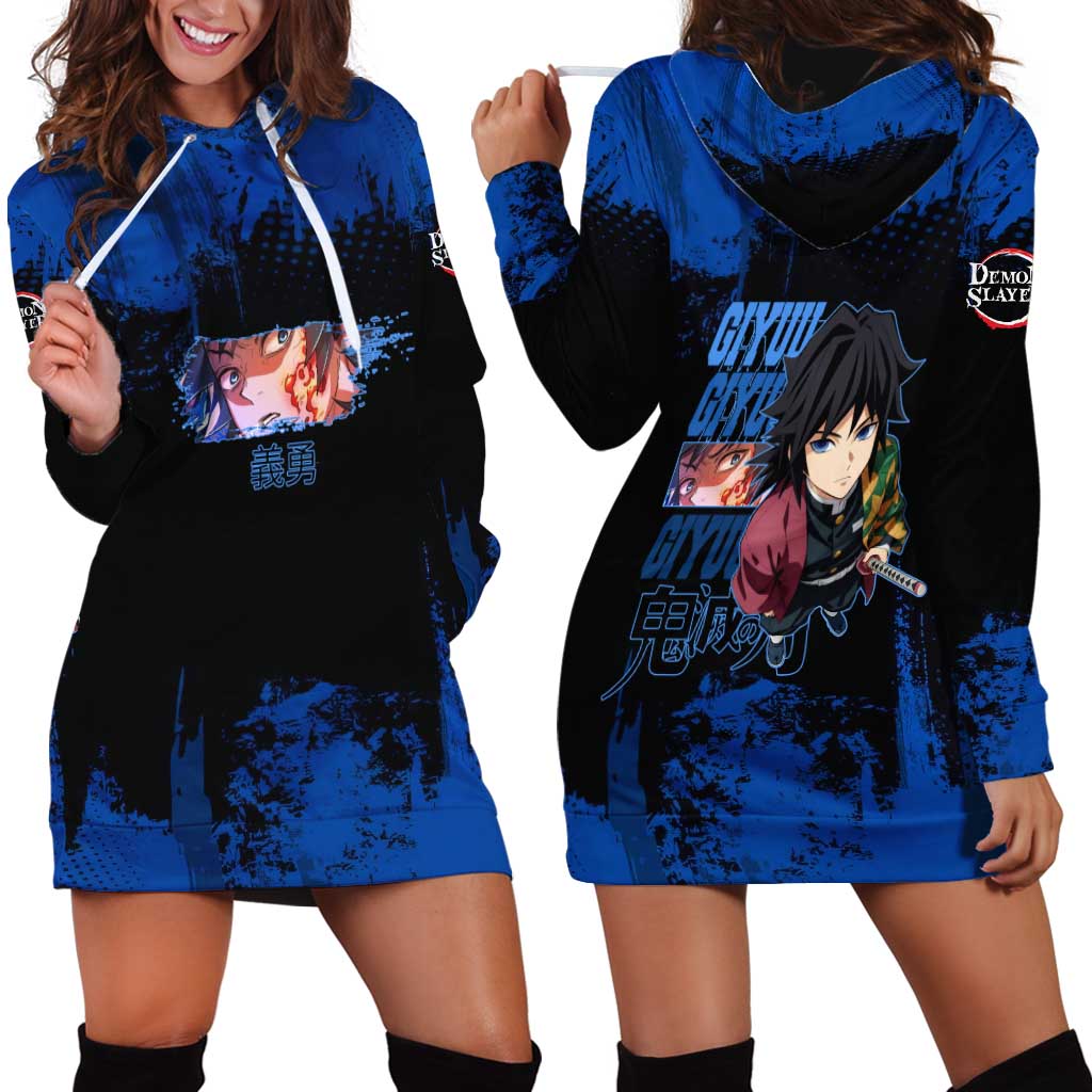 Giyu Tomioka Demon Slayer Blue Grunge Design Hoodie Dress with Intense Eyes and Sword Stance - The Mazicc