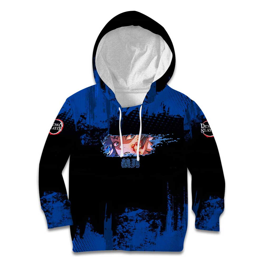 Giyu Tomioka Demon Slayer Blue Grunge Design Kid Hoodie with Intense Eyes and Sword Stance - The Mazicc