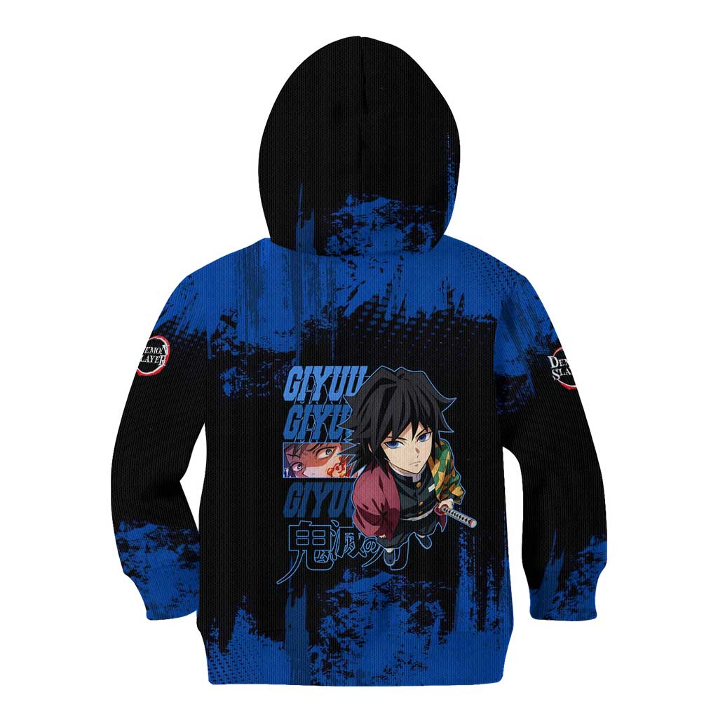 Giyu Tomioka Demon Slayer Blue Grunge Design Kid Hoodie with Intense Eyes and Sword Stance - The Mazicc