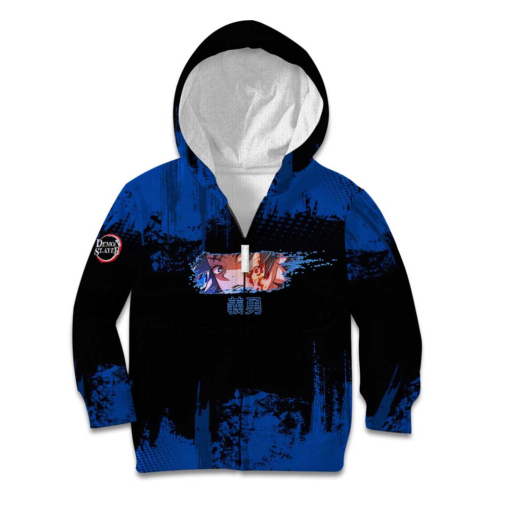 Giyu Tomioka Demon Slayer Blue Grunge Design Kid Hoodie with Intense Eyes and Sword Stance - The Mazicc