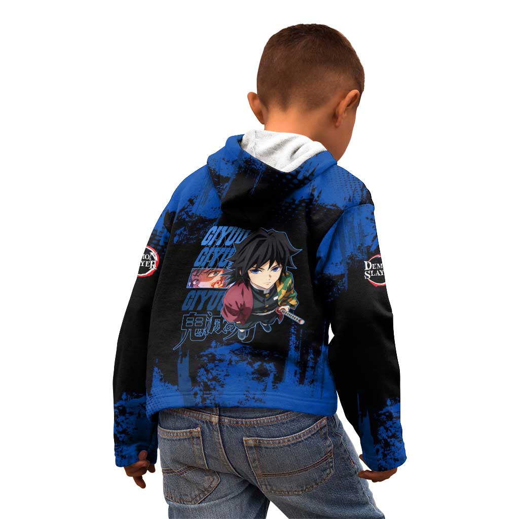 Giyu Tomioka Demon Slayer Blue Grunge Design Kid Hoodie with Intense Eyes and Sword Stance - The Mazicc