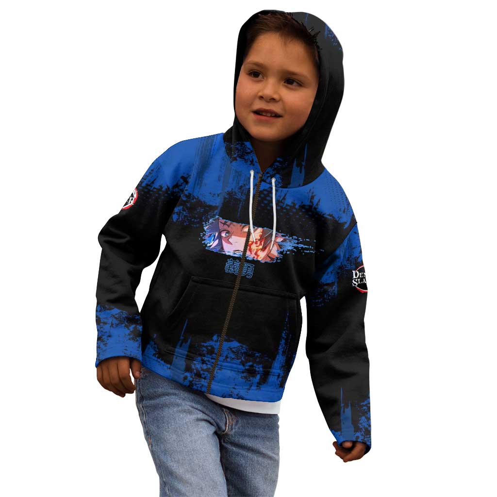 Giyu Tomioka Demon Slayer Blue Grunge Design Kid Hoodie with Intense Eyes and Sword Stance - The Mazicc