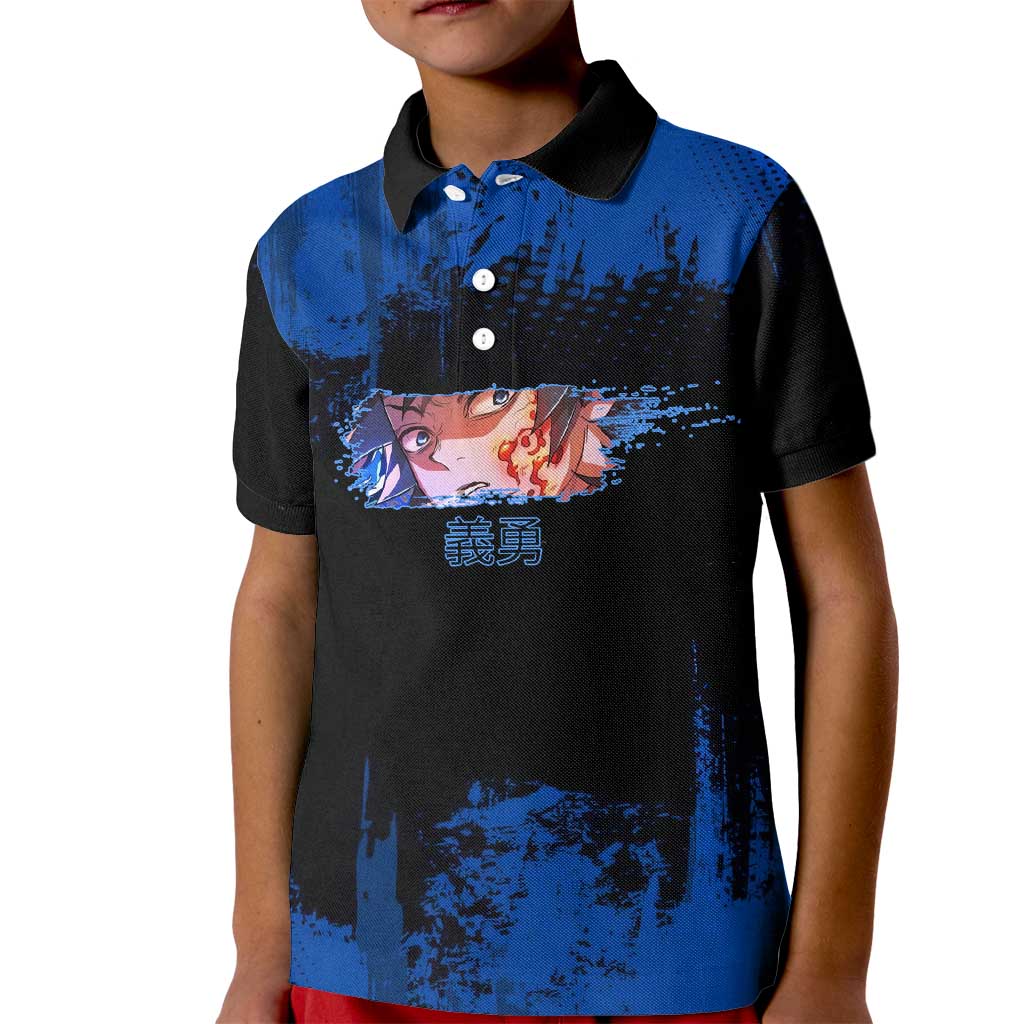Giyu Tomioka Demon Slayer Blue Grunge Design Kid Polo Shirt with Intense Eyes and Sword Stance - The Mazicc