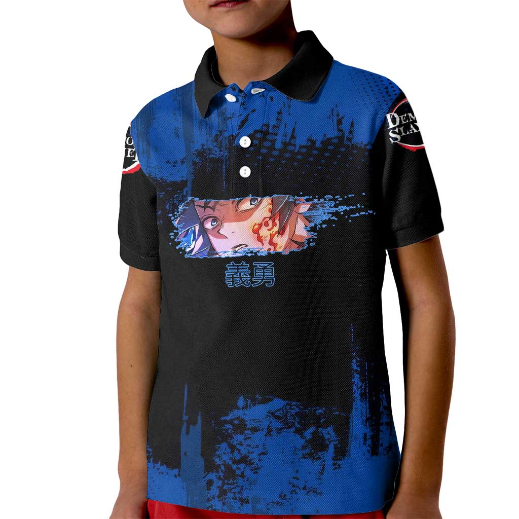 Giyu Tomioka Demon Slayer Blue Grunge Design Kid Polo Shirt with Intense Eyes and Sword Stance - The Mazicc