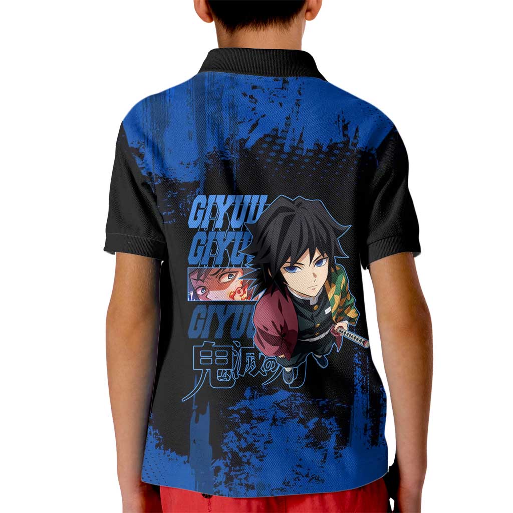 Giyu Tomioka Demon Slayer Blue Grunge Design Kid Polo Shirt with Intense Eyes and Sword Stance - The Mazicc