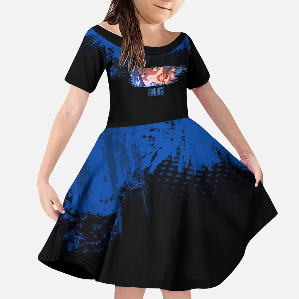 Giyu Tomioka Demon Slayer Blue Grunge Design Kid Short Sleeve Dress with Intense Eyes and Sword Stance - The Mazicc