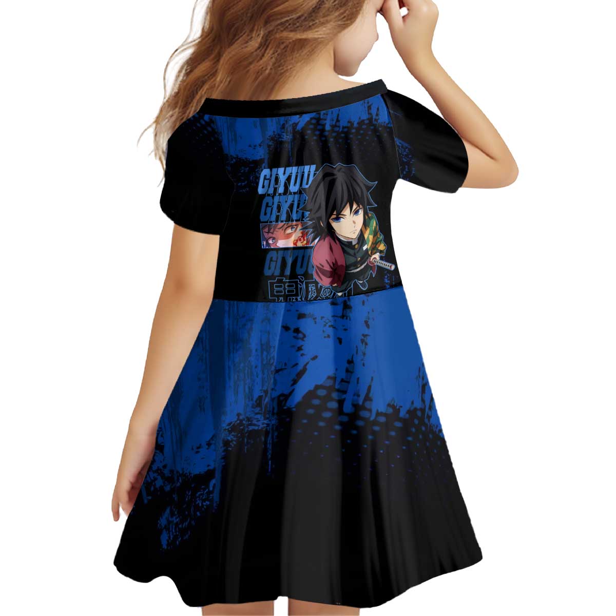 Giyu Tomioka Demon Slayer Blue Grunge Design Kid Short Sleeve Dress with Intense Eyes and Sword Stance - The Mazicc