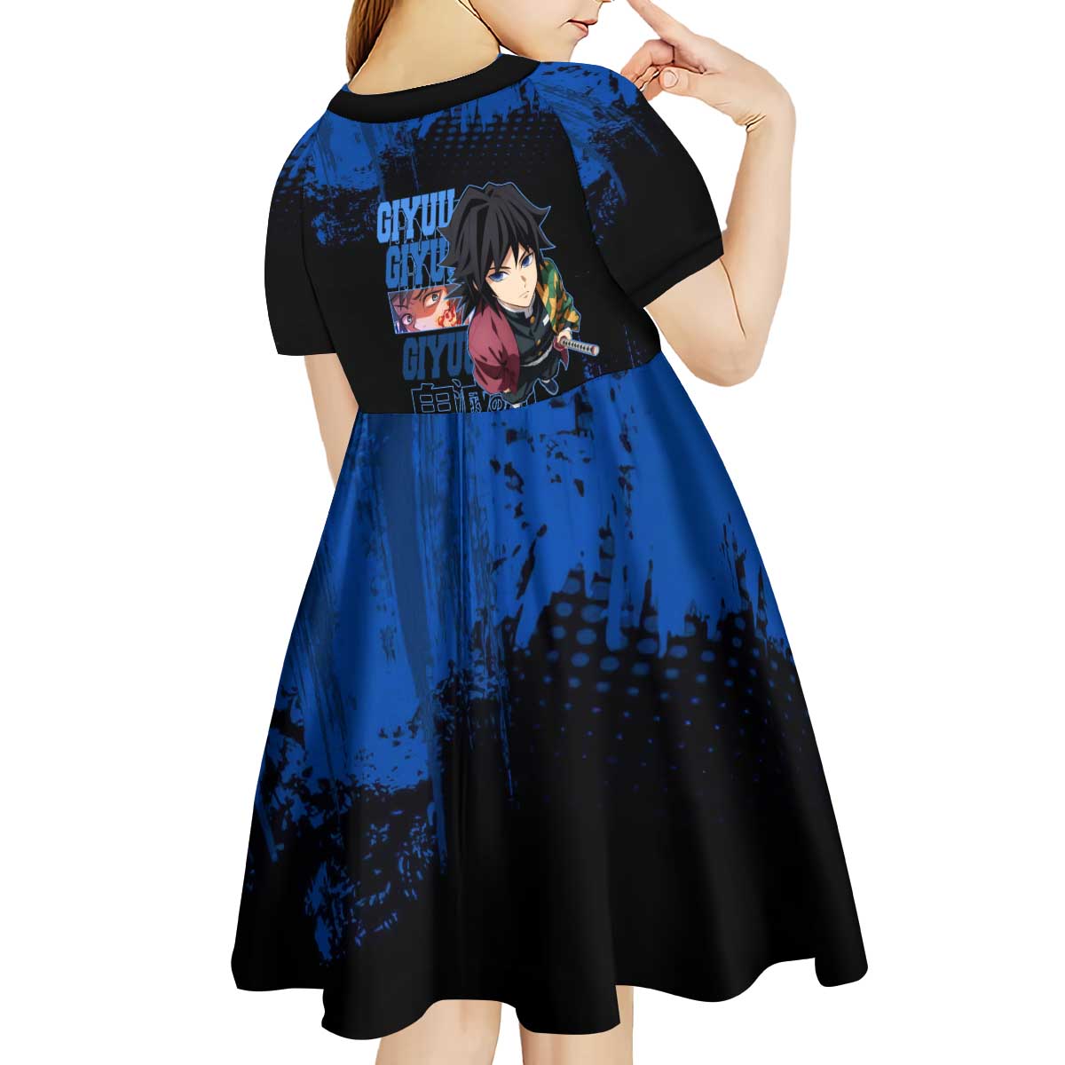 Giyu Tomioka Demon Slayer Blue Grunge Design Kid Short Sleeve Dress with Intense Eyes and Sword Stance - The Mazicc