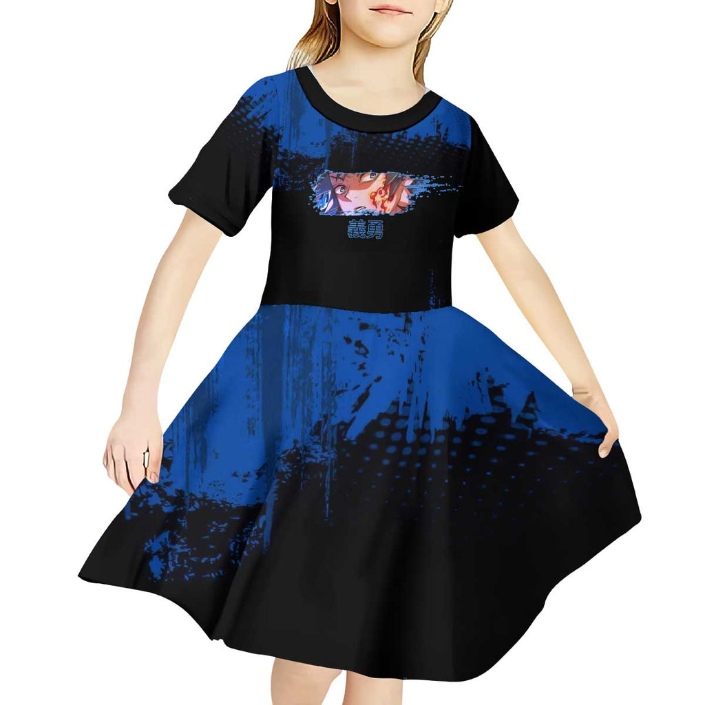 Giyu Tomioka Demon Slayer Blue Grunge Design Kid Short Sleeve Dress with Intense Eyes and Sword Stance - The Mazicc