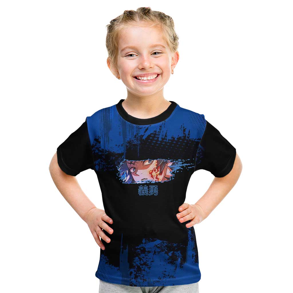 Giyu Tomioka Demon Slayer Blue Grunge Design Kid T Shirt with Intense Eyes and Sword Stance - The Mazicc