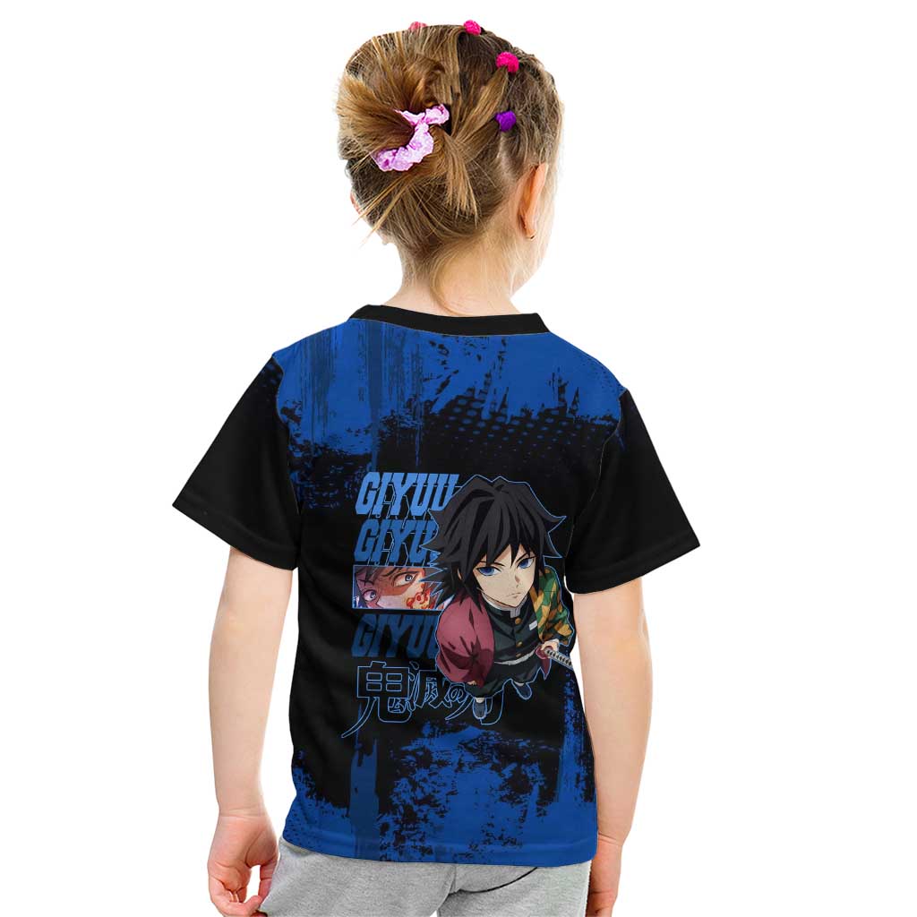 Giyu Tomioka Demon Slayer Blue Grunge Design Kid T Shirt with Intense Eyes and Sword Stance - The Mazicc