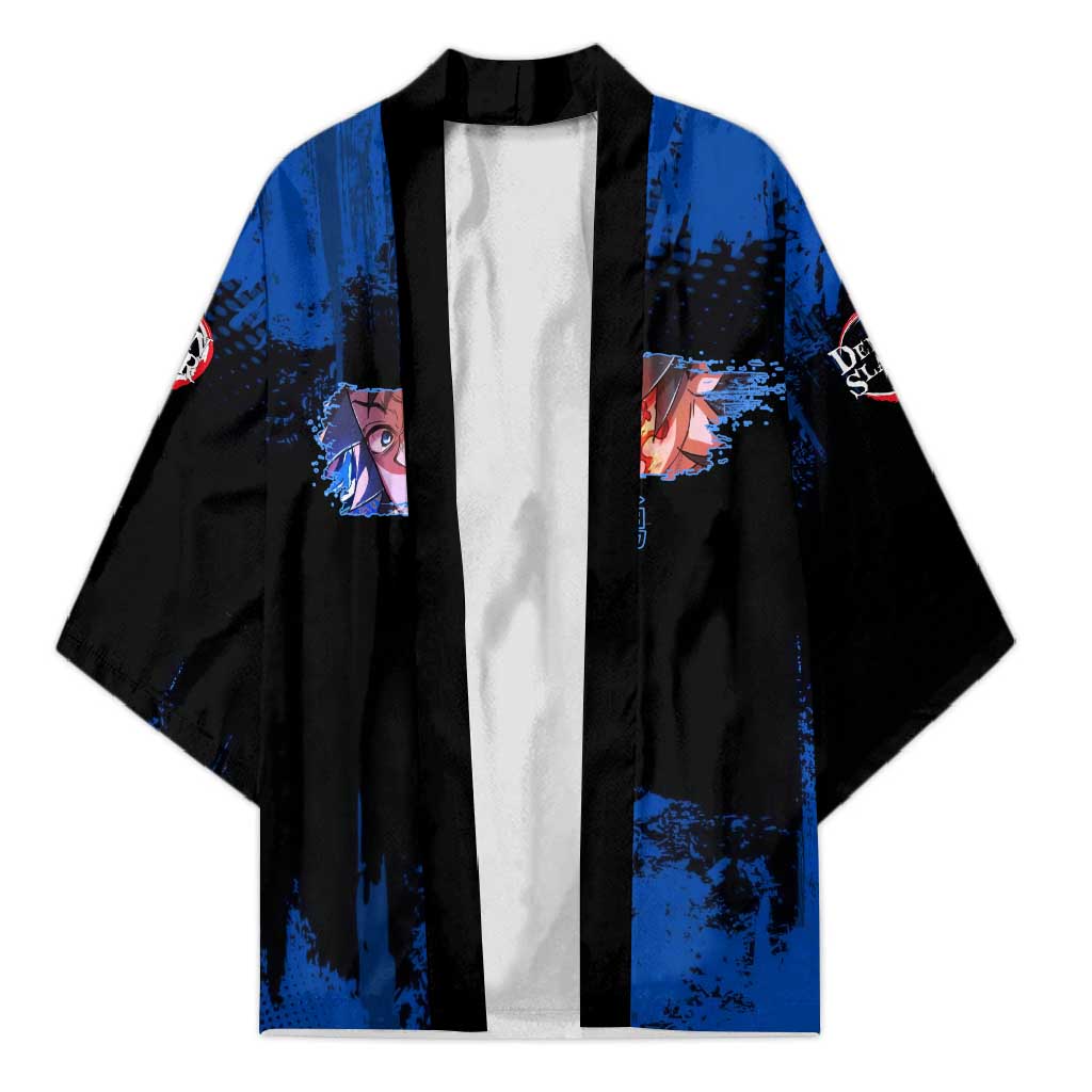 Giyu Tomioka Demon Slayer Blue Grunge Design Kimono with Intense Eyes and Sword Stance - The Mazicc