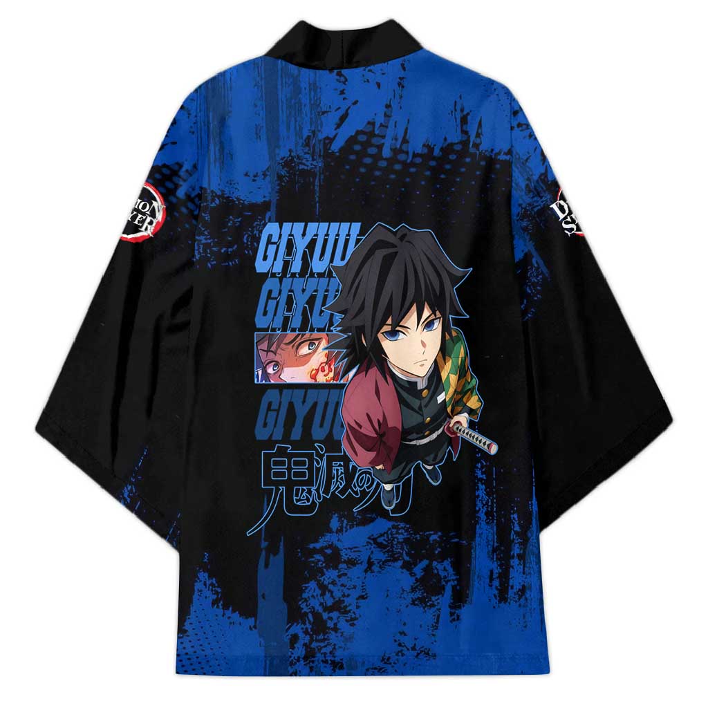 Giyu Tomioka Demon Slayer Blue Grunge Design Kimono with Intense Eyes and Sword Stance - The Mazicc