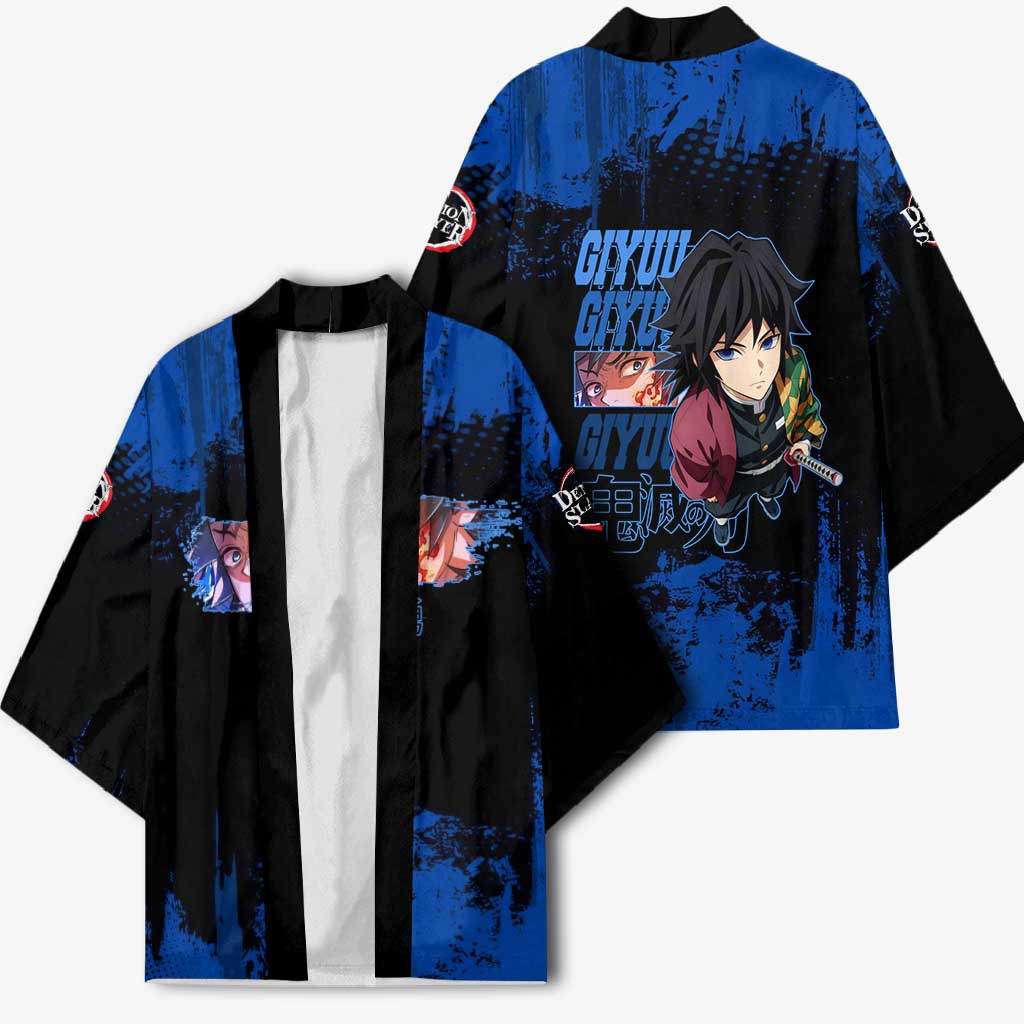 Giyu Tomioka Demon Slayer Blue Grunge Design Kimono with Intense Eyes and Sword Stance - The Mazicc