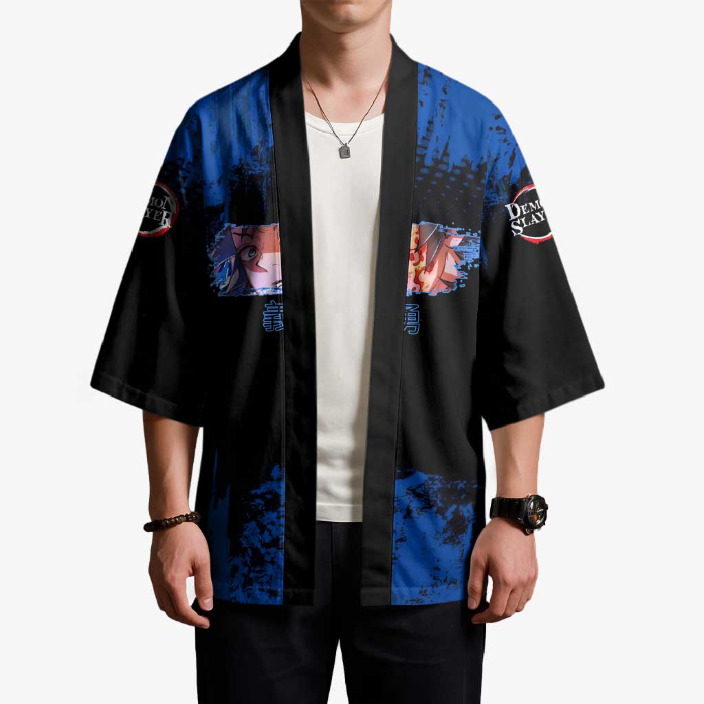 Giyu Tomioka Demon Slayer Blue Grunge Design Kimono with Intense Eyes and Sword Stance - The Mazicc