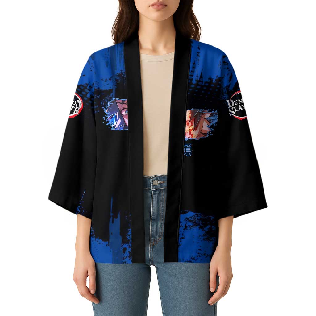 Giyu Tomioka Demon Slayer Blue Grunge Design Kimono with Intense Eyes and Sword Stance - The Mazicc