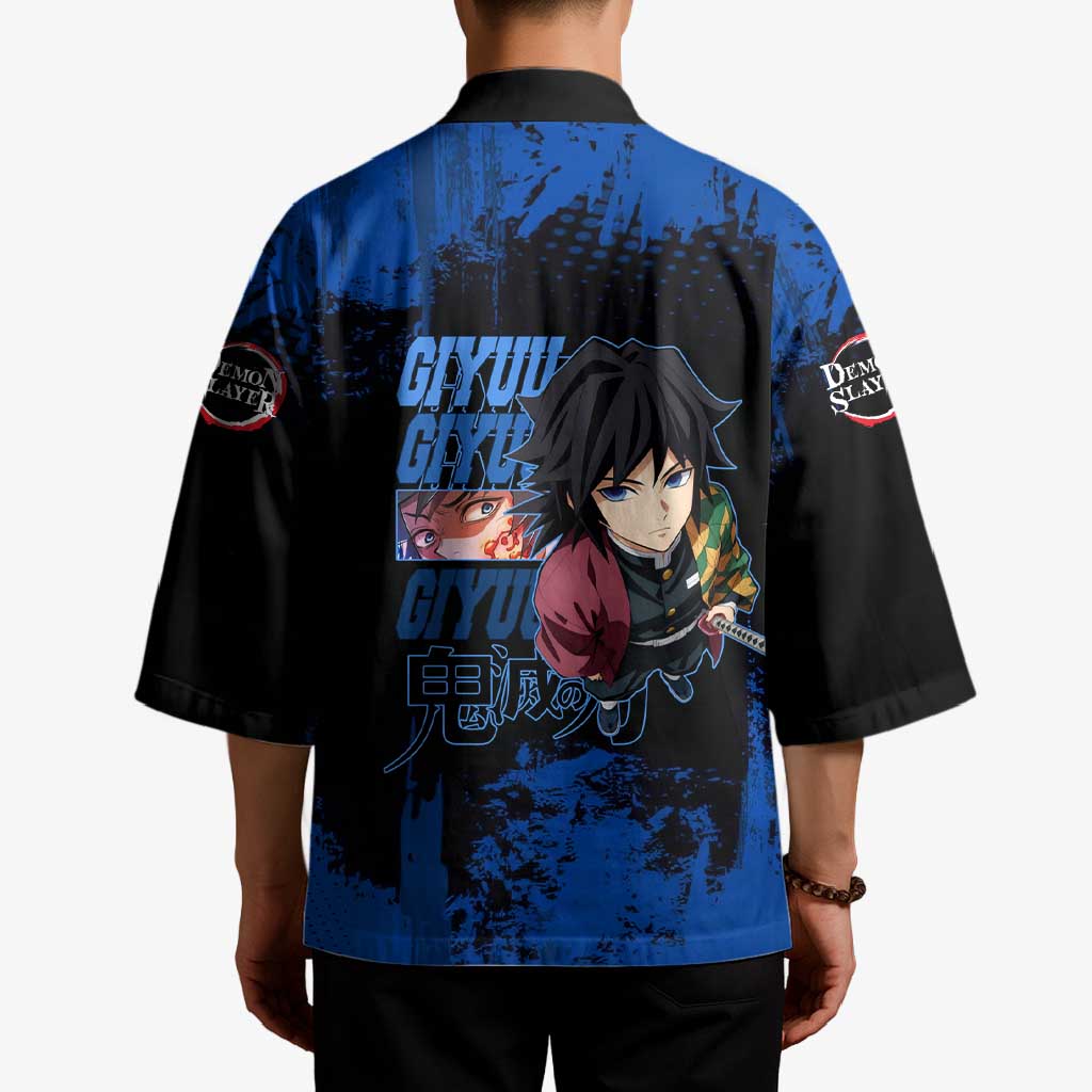 Giyu Tomioka Demon Slayer Blue Grunge Design Kimono with Intense Eyes and Sword Stance - The Mazicc